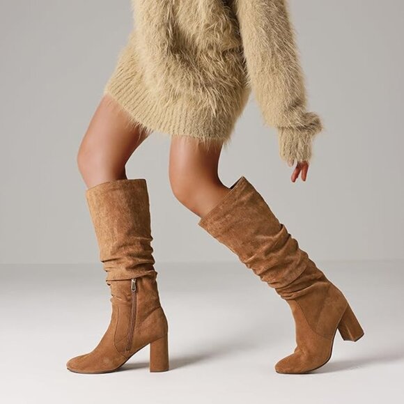 Knee High Boots Womens Wide Calf Suede Tall Booties Pointed Toe Slouchy-Brown - Picture 2 of 5